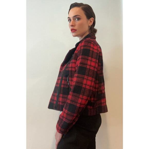 Gap Black & Red Check Buffalo Plaid 90s Inspo Wool Moto Biker Jacket ~ Sz M - Picture 3 of 12